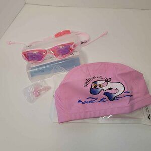 Kids Swimming Goggles and Cap Set Pink - Nose Plugs and Ear Plugs Included